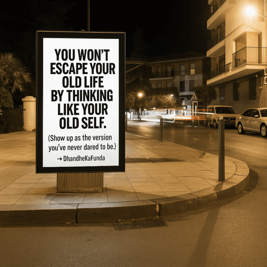 “YOU WON’T ESCAPE YOUR OLD LIFE BY THINKING LIKE YOUR OLD SELF.” (Show up as the version you’ve never dared to be.) → #DhandheKaFunda